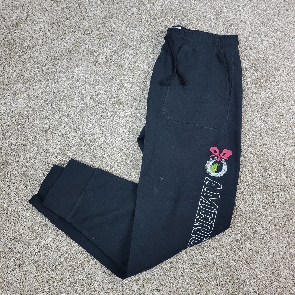 American Eagle‎ Mens Medium Black Grinch Fleece Jogger Sweatpants Elastic Waist